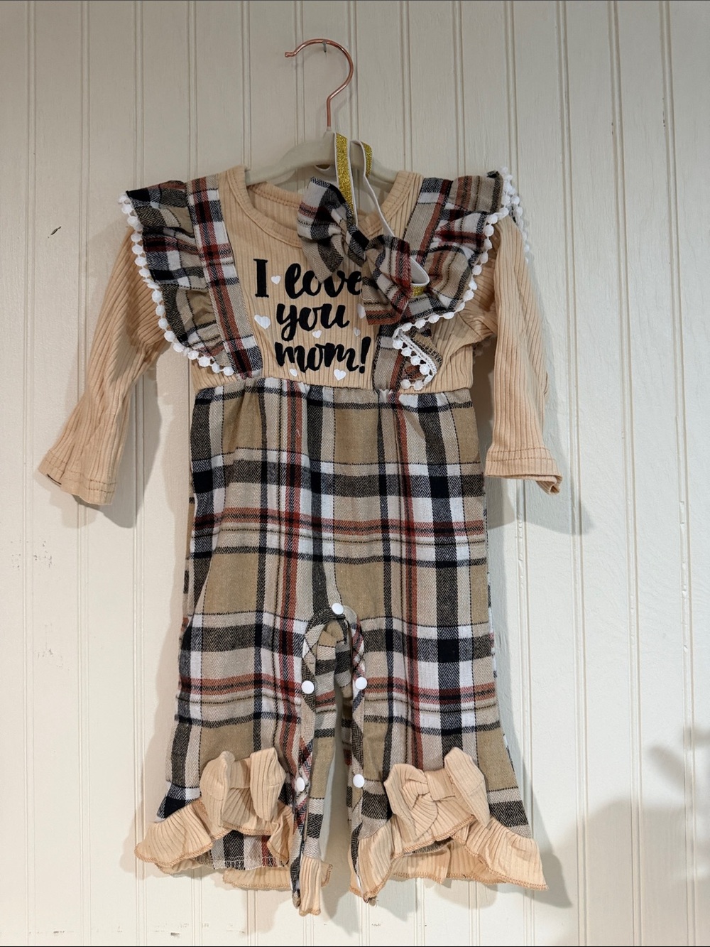 NWT Old Navy Beige Plaid Ruffle Infant Romper